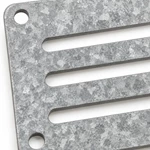 Close-up of horizontal ventilation slots and galvanized spangle texture on a steel guard panel