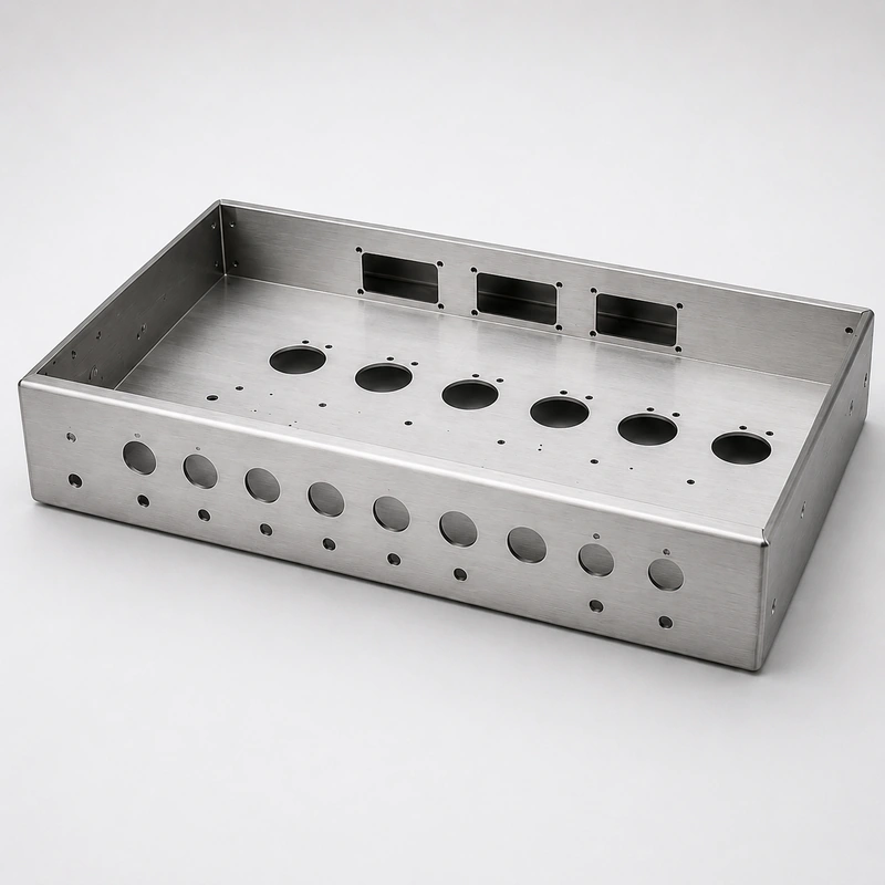 Brushed aluminum guitar amplifier chassis front three-quarter view with precision cutouts and folded edges