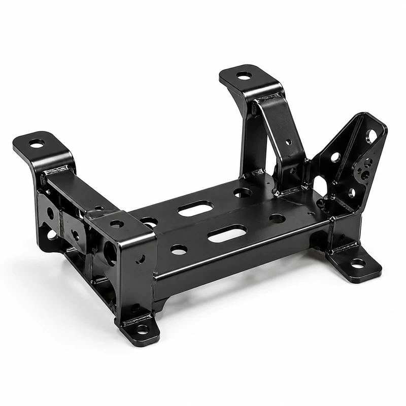 Black coated automotive structural sub-frame with welded brackets and multiple mounting holes