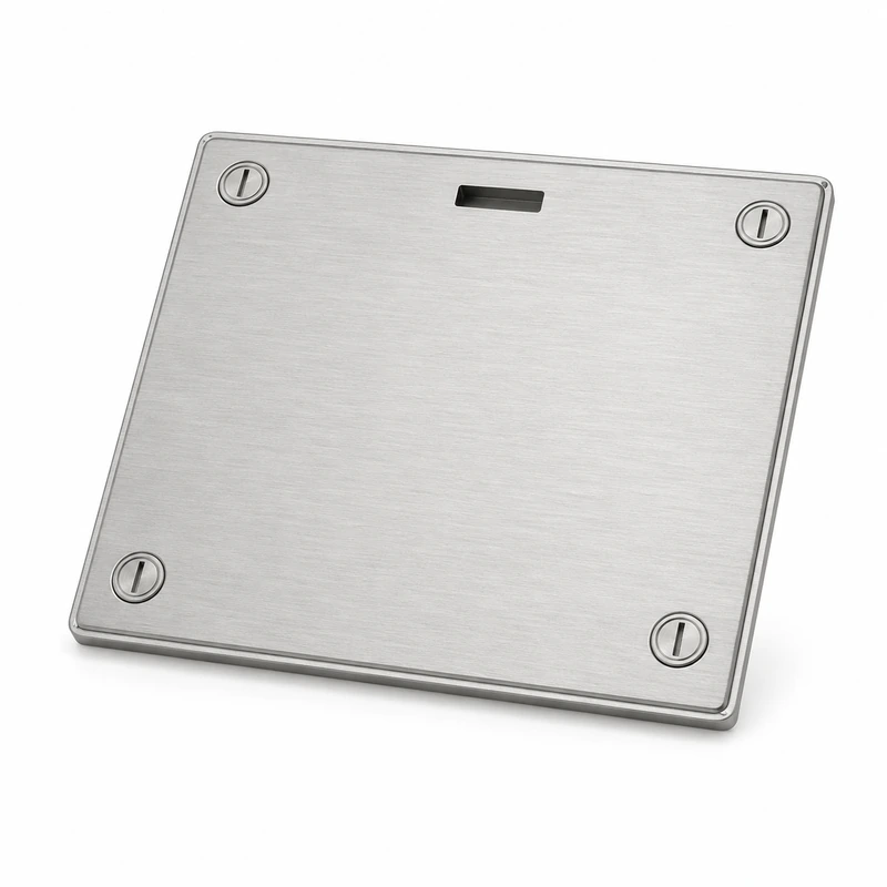 Brushed aluminum battery enclosure access panel with four flush quarter-turn latches and ventilation slot