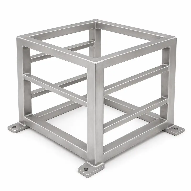 Brushed aluminum battery power cabinet frame with horizontal support rails and mounting brackets