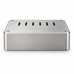 Side profile of a rounded-edge brushed stainless steel cleanroom equipment enclosure