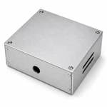 Top angled view of custom aluminum instrument enclosure with four flathead lid screws