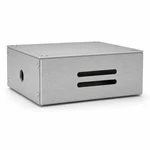 Side view of brushed aluminum instrument enclosure showing two laser-cut ventilation slots