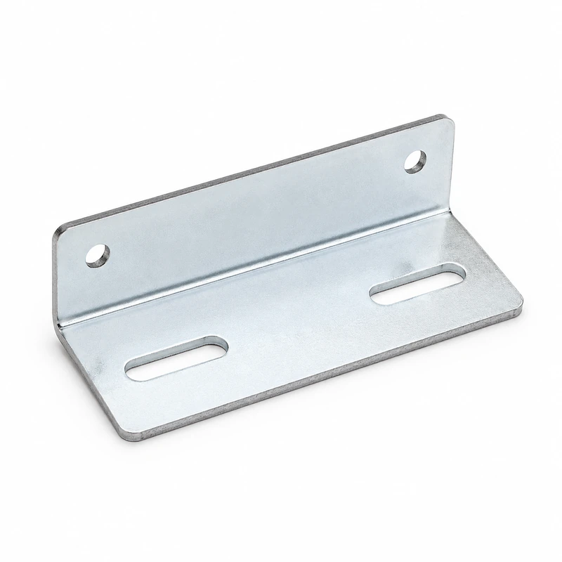 Custom license plate mounting bracket with zinc-plated finish, slotted holes, and round bolt holes