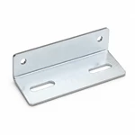 Custom license plate mounting bracket with zinc-plated finish, slotted holes, and round bolt holes