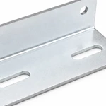 Close-up of slotted holes on a zinc-plated custom license plate mounting bracket
