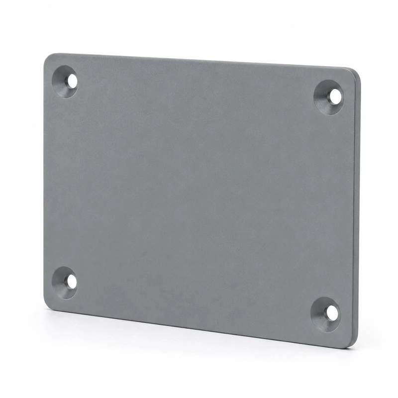 Matte gray powder-coated electrical junction box cover plate with four countersunk mounting holes
