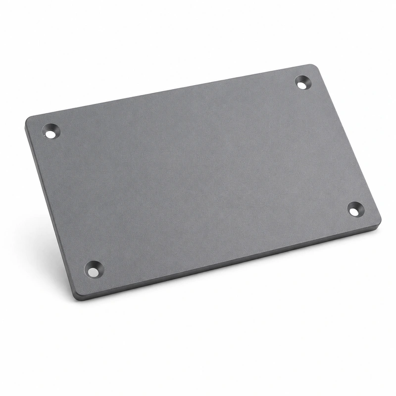 Matte gray electrical junction box cover plate with four countersunk corner mounting holes