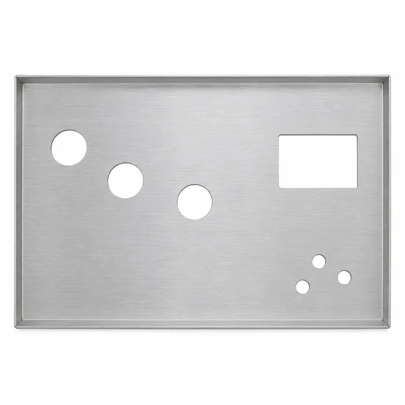 Brushed aluminum guitar amplifier chassis with asymmetric tube socket and transformer cutouts