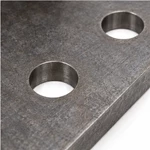 Close-up of heavy-duty post mounting bracket bolt holes and raw carbon steel surface texture