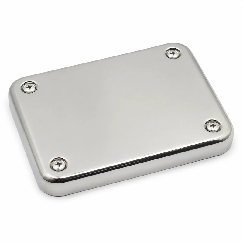 Polished stainless steel hygienic equipment cover panel with rounded corners and flush screws