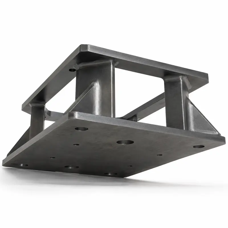 Underside view of a welded steel industrial equipment base frame showing mounting holes