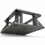 Underside view of a welded steel industrial equipment base frame showing mounting holes