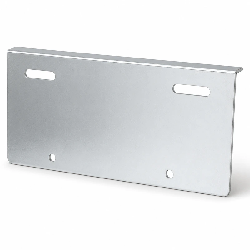 Zinc-plated license plate mounting plate with elongated slots, round bolt holes and 90-degree bent flange