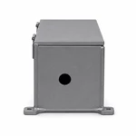 Side view of metal junction box showing cable knockout hole and base mounting tab