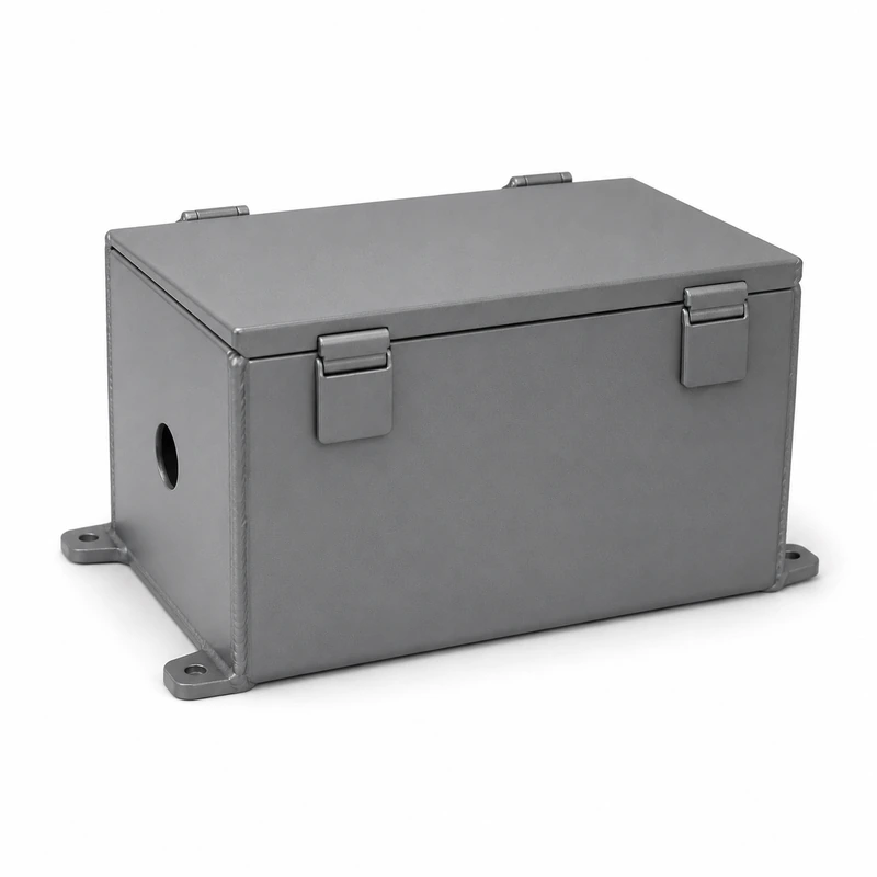 Matte gray sheet metal junction box with hinged lid, flush latch clips, mounting tabs and cable knockout