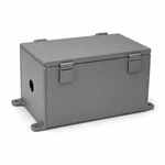 Matte gray sheet metal junction box with hinged lid, flush latch clips, mounting tabs and cable knockout
