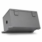 Low angle view of metal junction box showing four base mounting tabs with holes