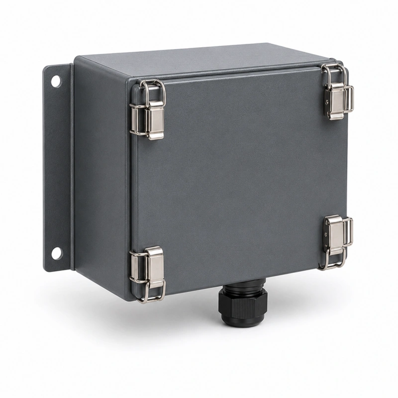 Dark gray NEMA-rated waterproof sheet metal enclosure with corner latches, mounting flanges, and bottom cable gland