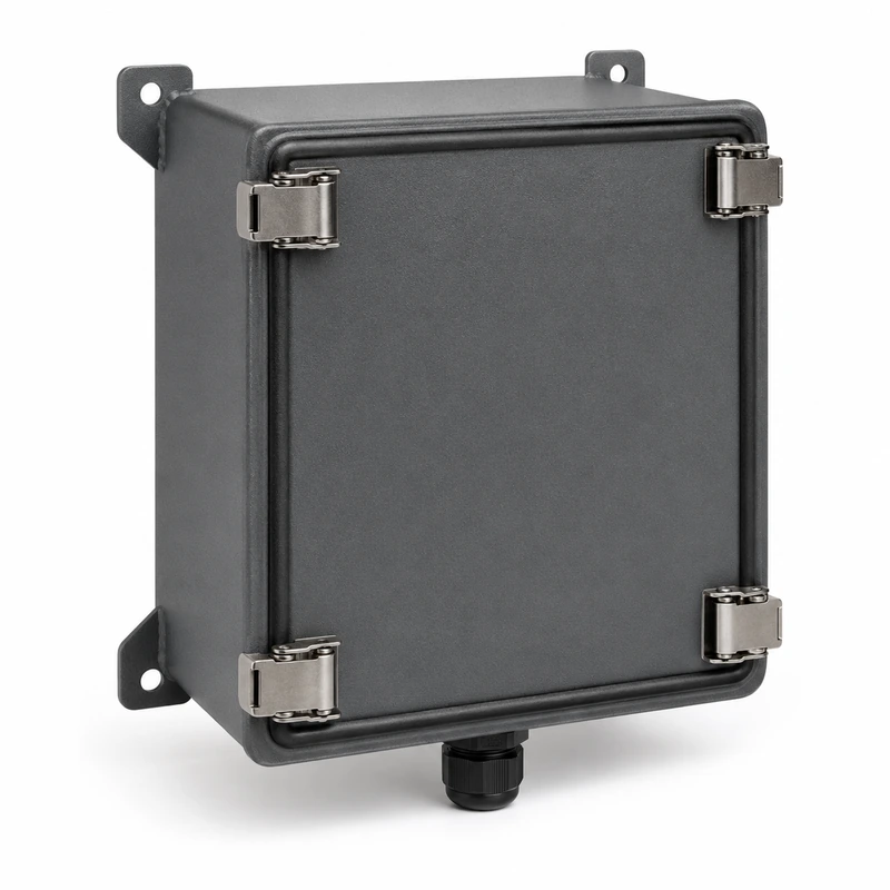 Dark gray NEMA-rated waterproof sheet metal enclosure with four lid-clamp latches, mounting flanges and cable gland