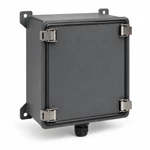 Dark gray NEMA-rated waterproof sheet metal enclosure with four lid-clamp latches, mounting flanges and cable gland