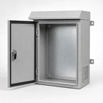 Open-door view of an outdoor NEMA-rated electrical enclosure showing perimeter gasket and galvanized steel mounting backplate