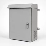 Outdoor NEMA-rated electrical enclosure with light gray powder-coated steel finish, rain hood, cam lock and wall-mounting brackets