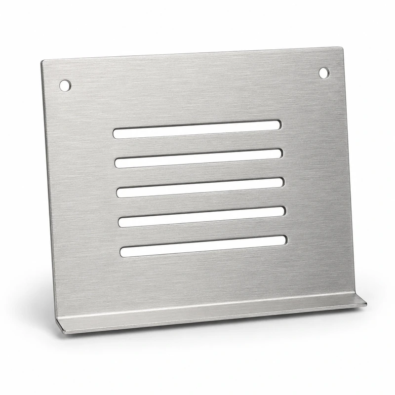 Brushed stainless steel perforated ventilation panel with linear slots and bottom mounting flange