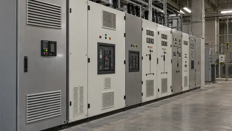 Energy & Power technician inspecting industrial switchgear cabinets in a power equipment manufacturing facility