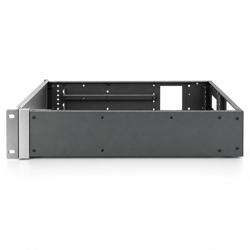 Side view of rack-mount server chassis showing full body depth and open-frame construction