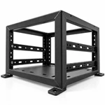 Low angle view of robotic control system chassis showing four base mounting feet with holes and welded steel frame