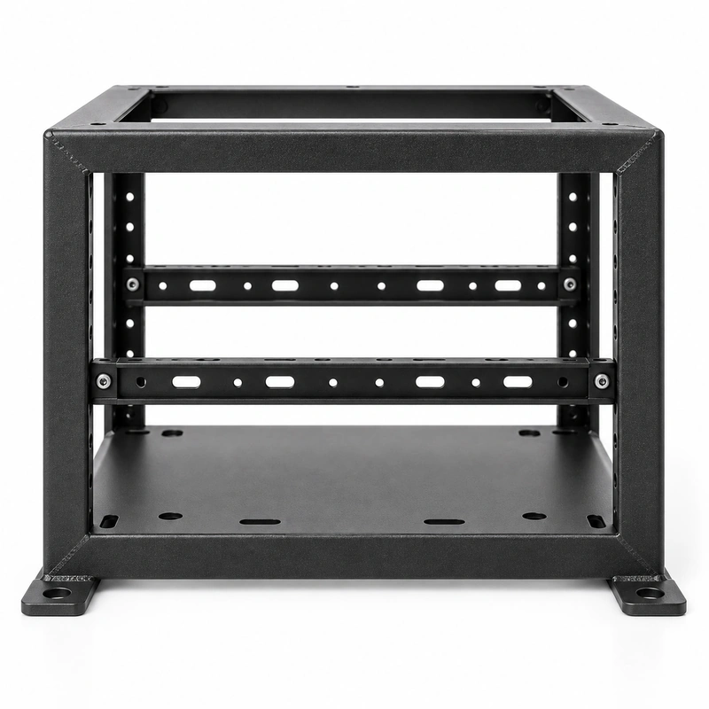 Side view of robotic control system chassis showing the open frame and interior mounting rails