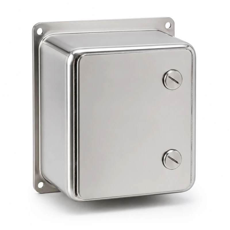 Polished stainless steel washdown enclosure with two quarter-turn latches and rear mounting flange