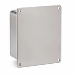 Rear view of polished stainless steel washdown enclosure showing four mounting flange holes