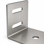 Close-up of brushed stainless steel U-shaped mounting bracket showing slotted holes and sharp bend line